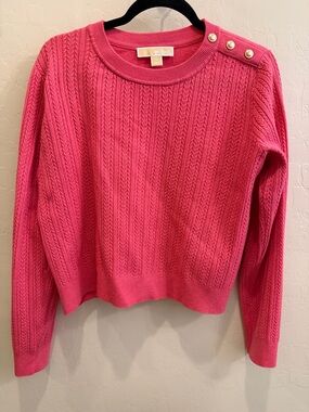 MICHAEL Michael Kors Raspberry Cable-Knit Crew Sweater with Gold Buttons